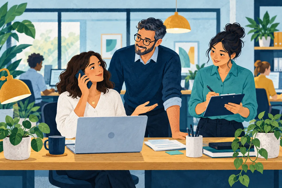 An office manager contacting IT support while a colleague records incident details