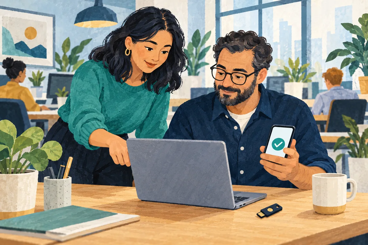 An office manager helping a colleague set up an extra sign-in check