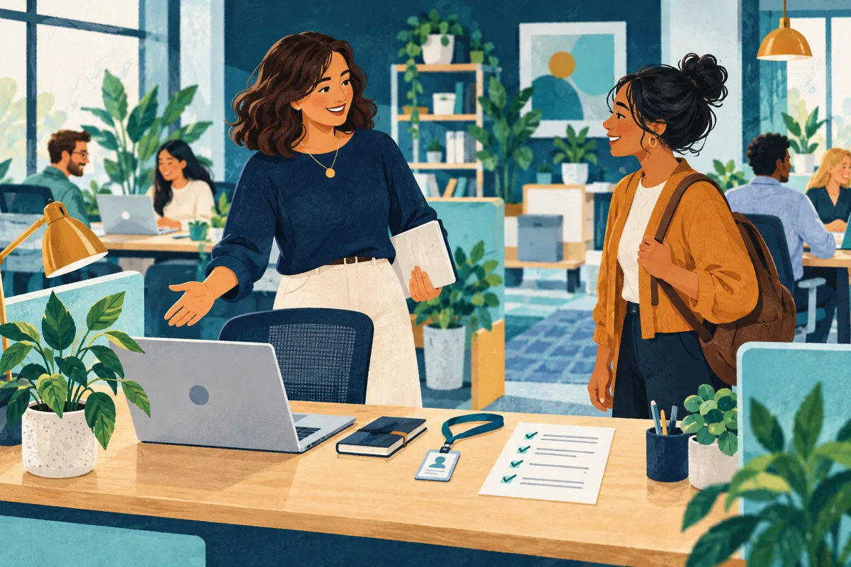 An office manager welcoming a new employee to a prepared business workstation