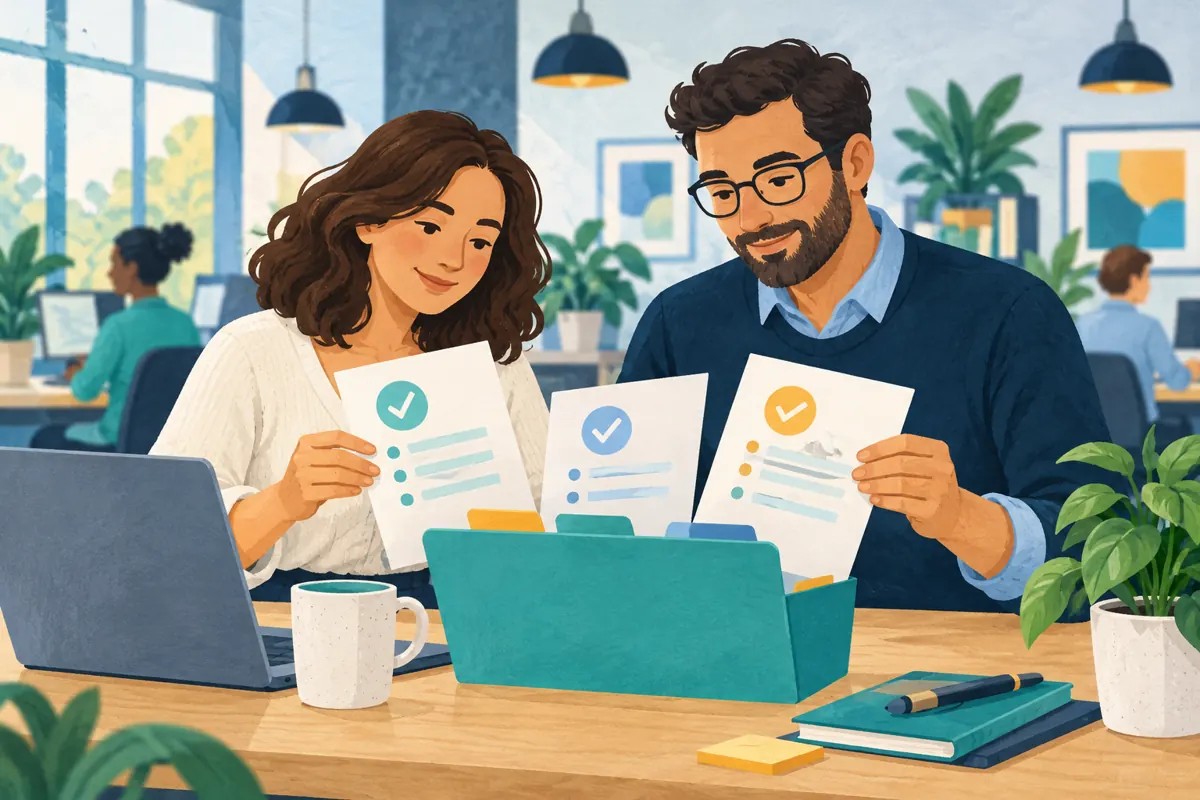 Two office colleagues choosing practical business policies together